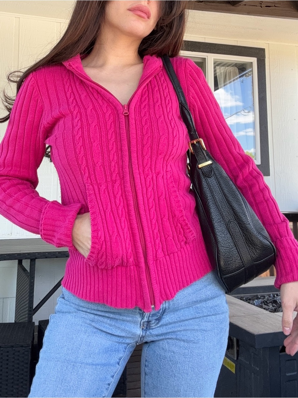 Arizona Jean Company Bright Fuchsia Cable Zip Sweater